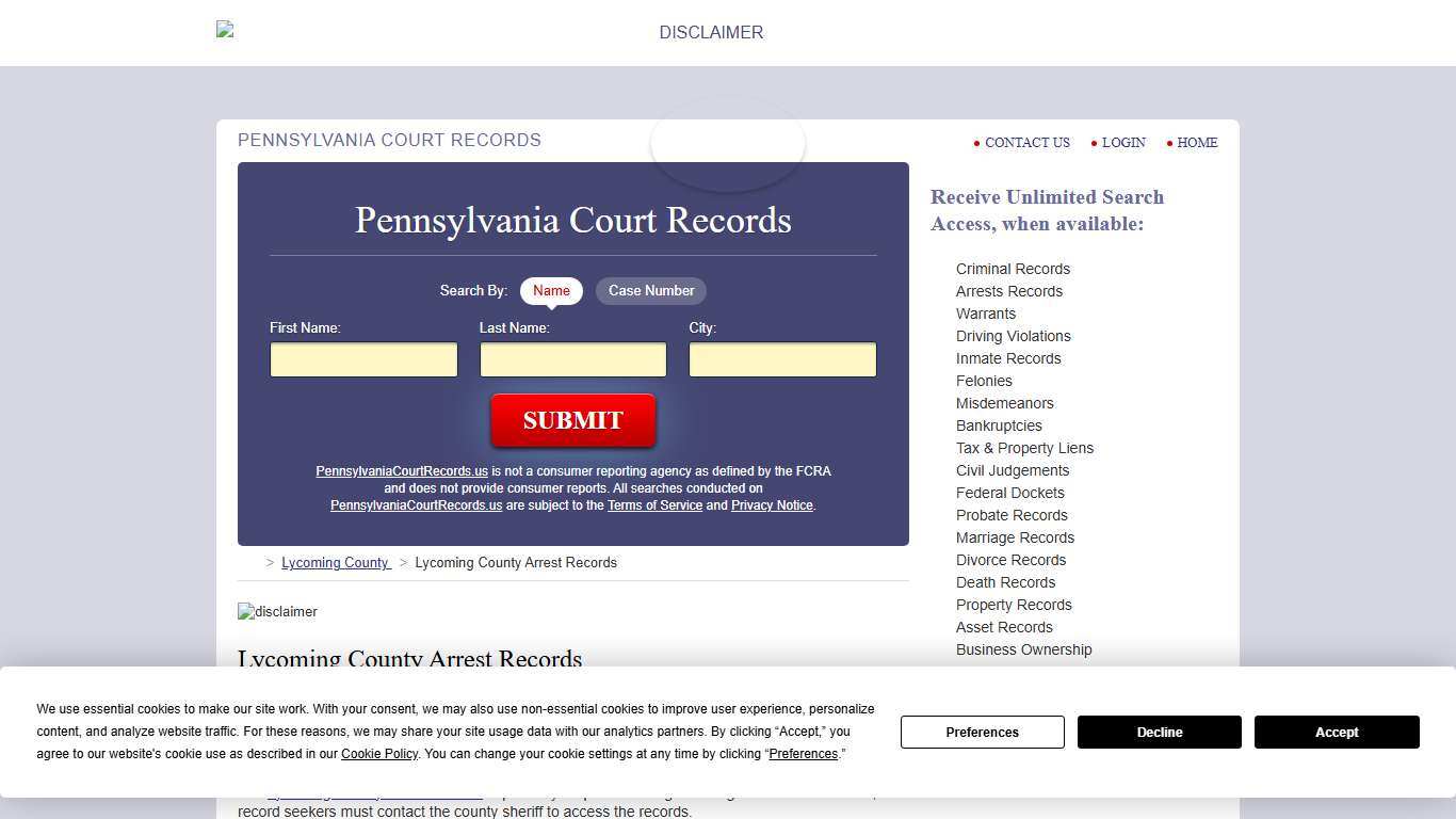 Lycoming County Arrest Records PennsylvaniaCourtRecords.us
