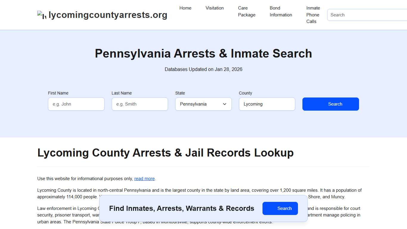Lycoming County, PA Arrests, Warrants, Police Records Search